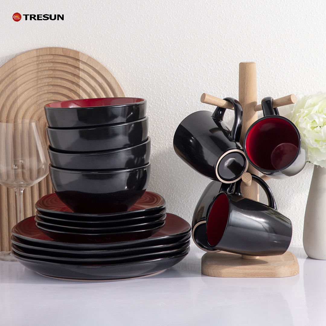 Tresun® 16-Piece Square Red-Black Ceramic Set | Service for 4