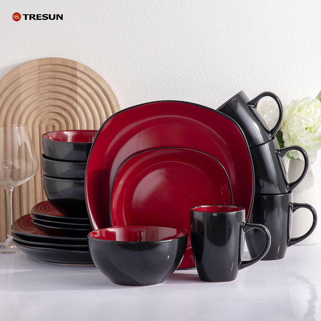 Tresun® 16-Piece Square Red-Black Ceramic Set | Service for 4