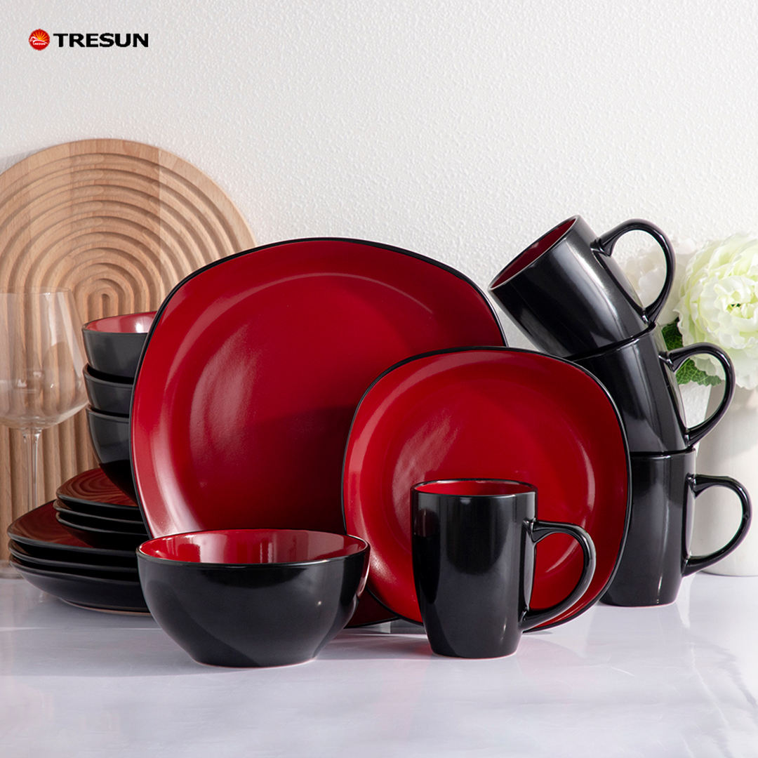 Tresun® 16-Piece Square Red-Black Ceramic Set | Service for 4