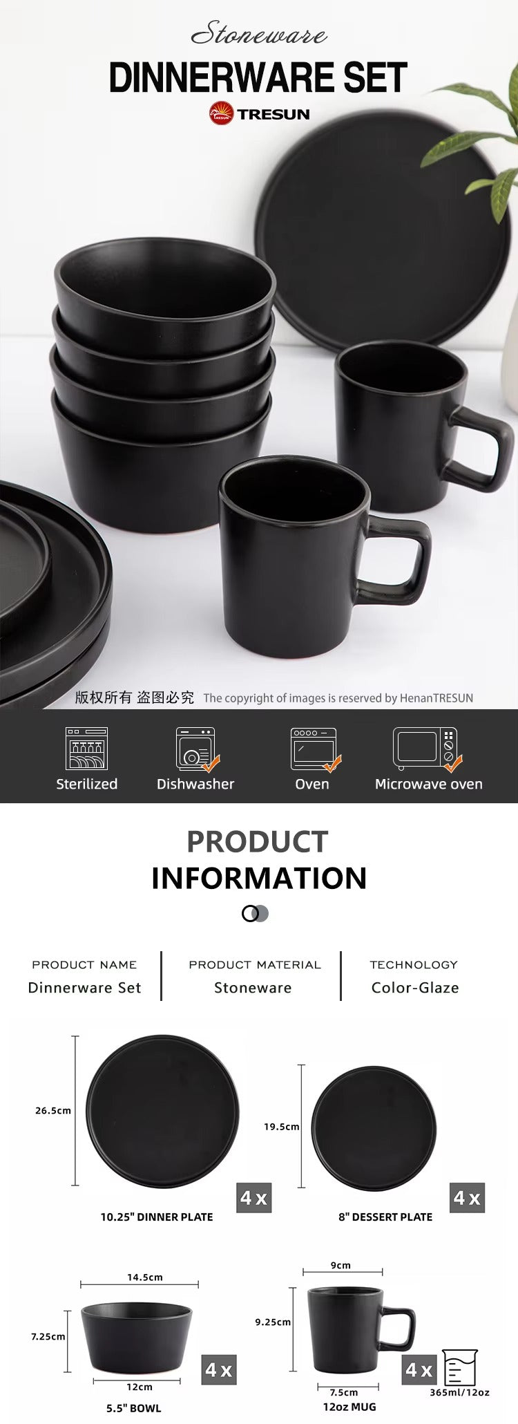 Tresun® 16-Piece Matte Black Stoneware Dinnerware Set | Service for 4