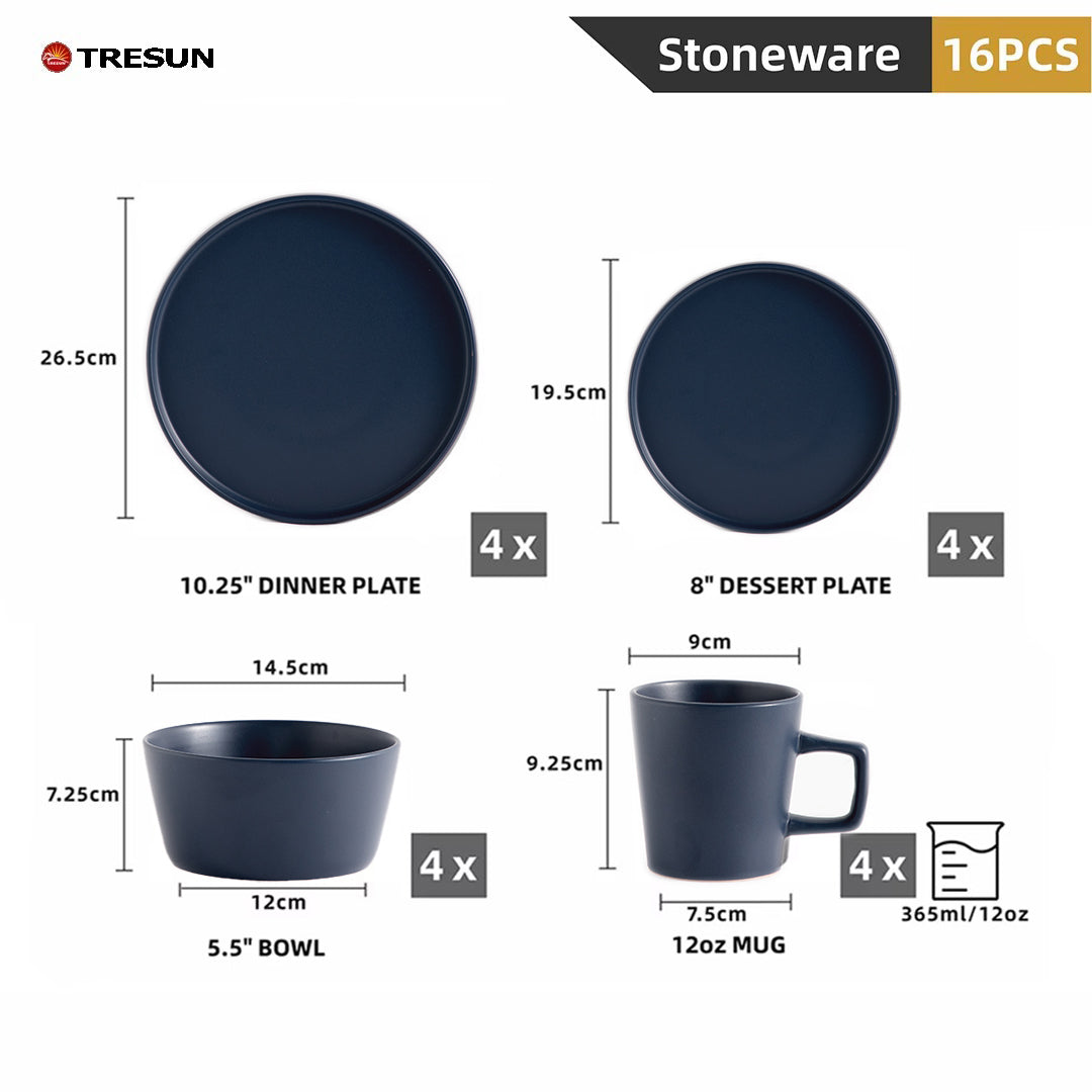 Tresun® 16-Piece Matte Blue Stoneware Dinnerware Set | Service for 4