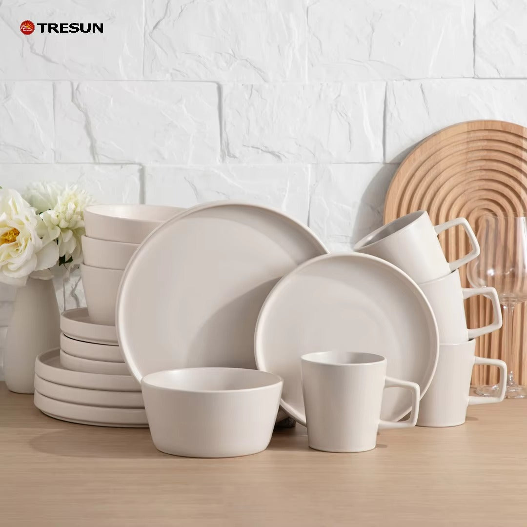 Tresun®16 Pcs Matte beige Serving Stoneware Dinnerware Set | Service for 4