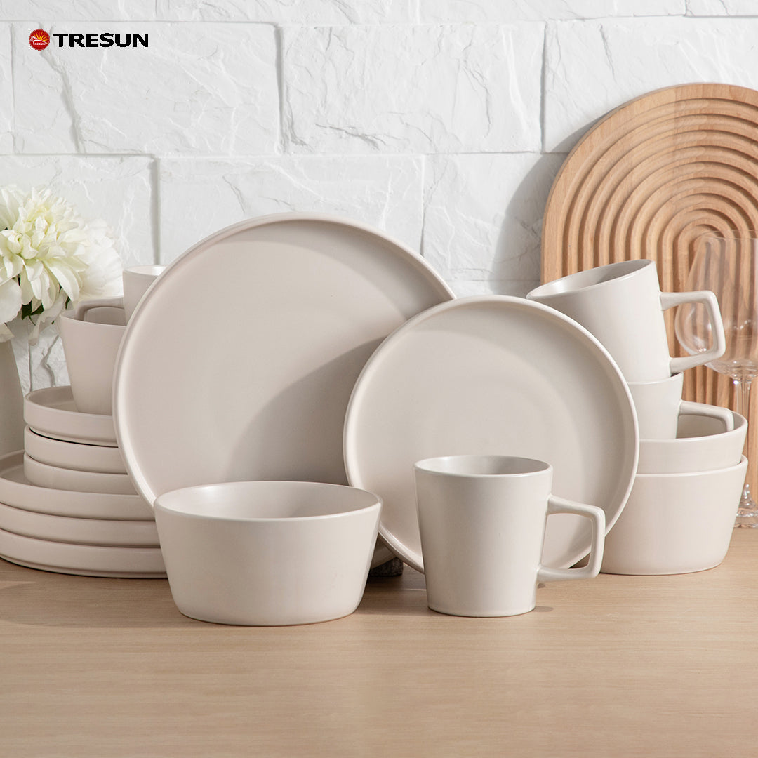 Tresun®16 Pcs Matte beige Serving Stoneware Dinnerware Set | Service for 4