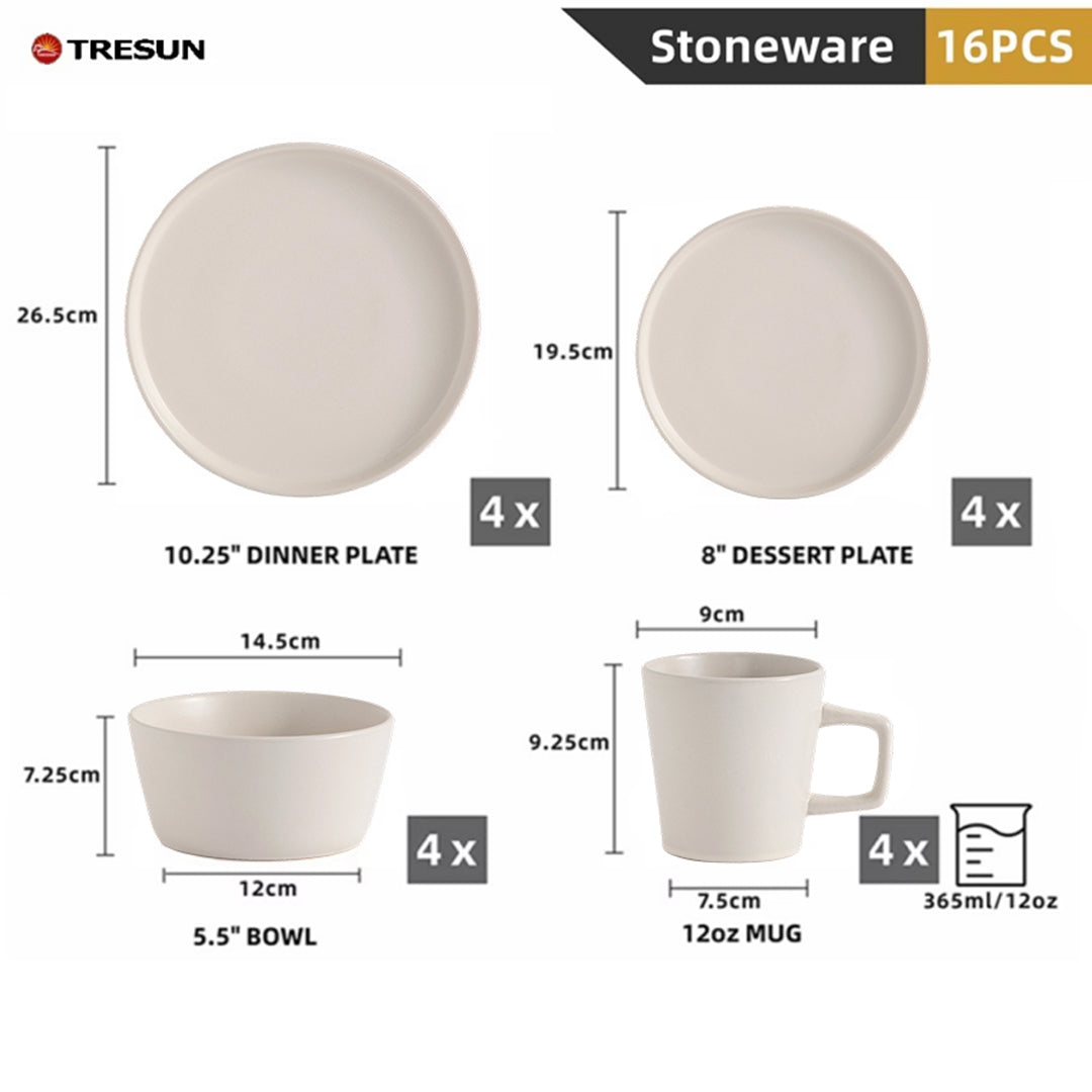 Tresun®16 Pcs Matte beige Serving Stoneware Dinnerware Set | Service for 4