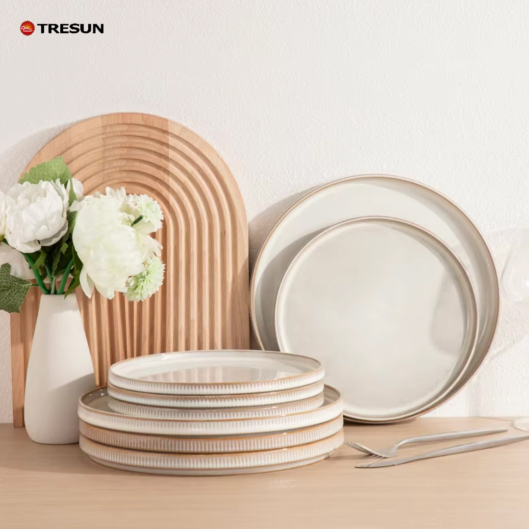 Tresun®16 Pieces White Embossed Stoneware dinnerware set | Service for 4