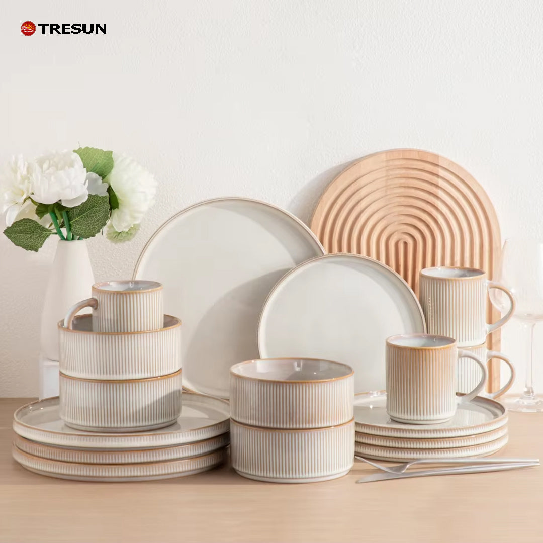 Tresun®16 Pieces White Embossed Stoneware dinnerware set | Service for 4