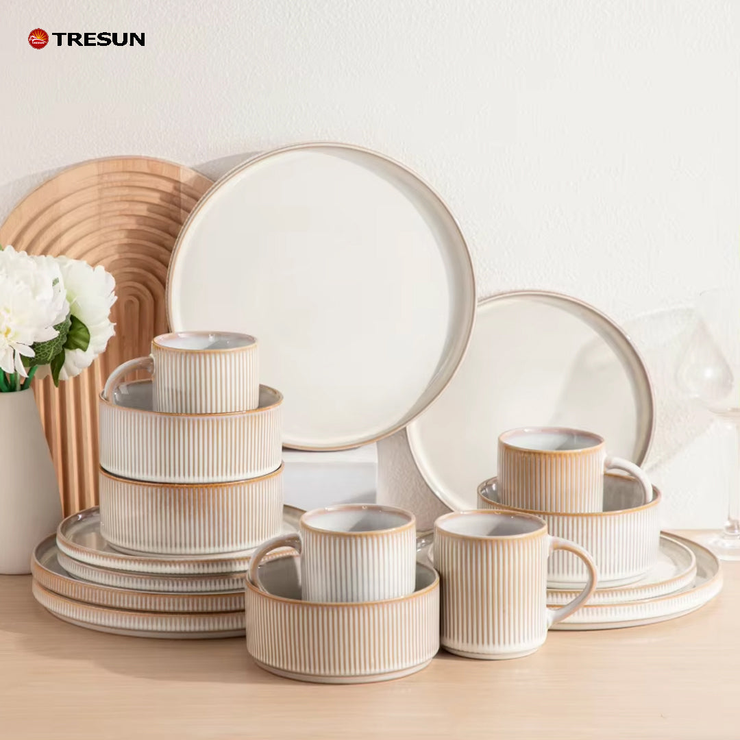 Tresun®16 Pieces White Embossed Stoneware dinnerware set | Service for 4