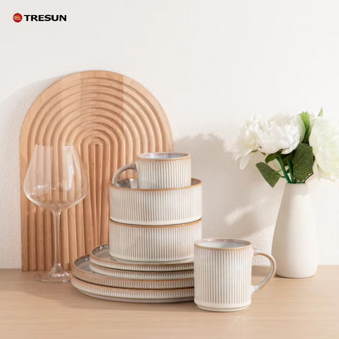 Tresun®16 Pieces White Embossed Stoneware dinnerware set | Service for 4