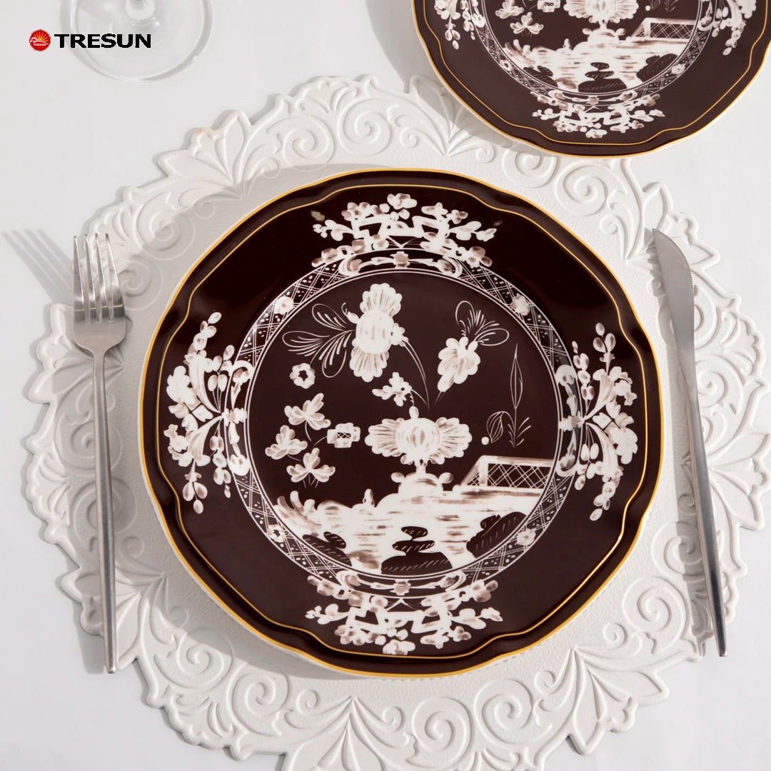 Richard Green Bone China Luxury Wedding Dish Vintage Italian-Style Floral Fine Porcelain Plate Antique Embossed Leaf Design