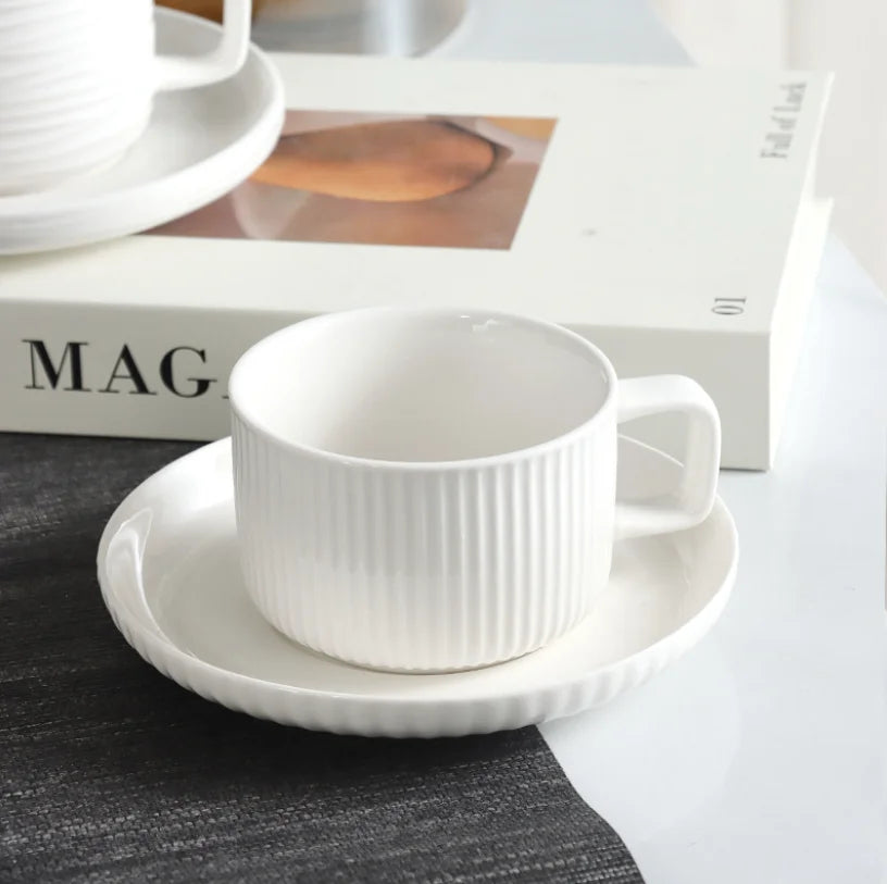 Hotel Cafe White Porcelain Embossed Coffee Cup And Saucer Set Custom Logo Restaurant Tea Cup Wholesale