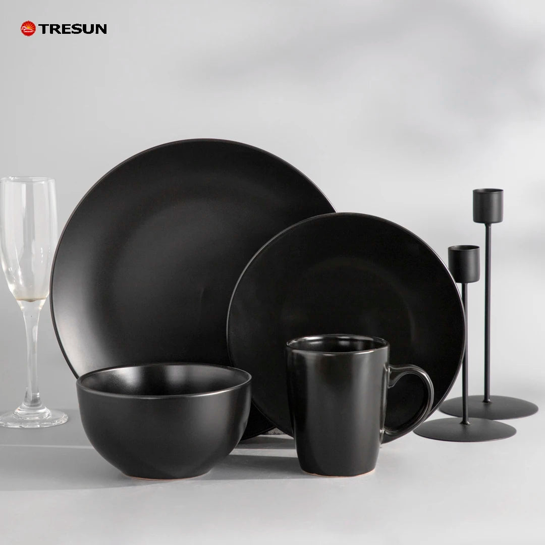 Stoneware Classic Round Dinnerware Set Black 16-Piece Kitchen Service Dishwasher Safe