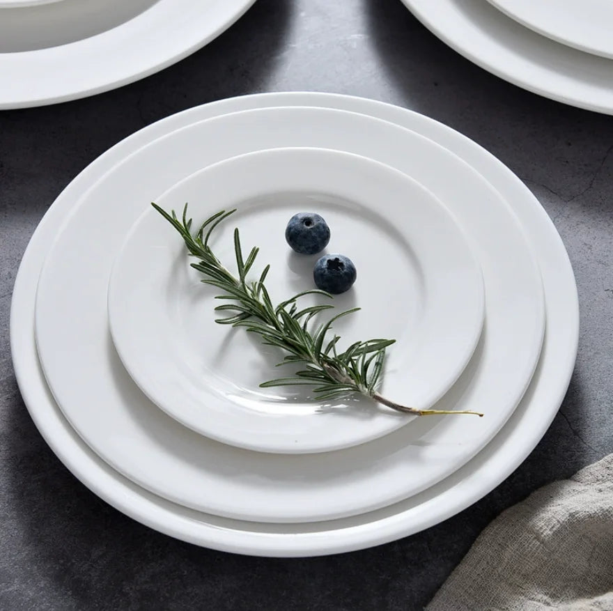 Customizable 5-12 Inch White Ceramic Flat Plates Pure White Porcelain Eco-Friendly Modern Logo Service Restaurant Dinner Plates