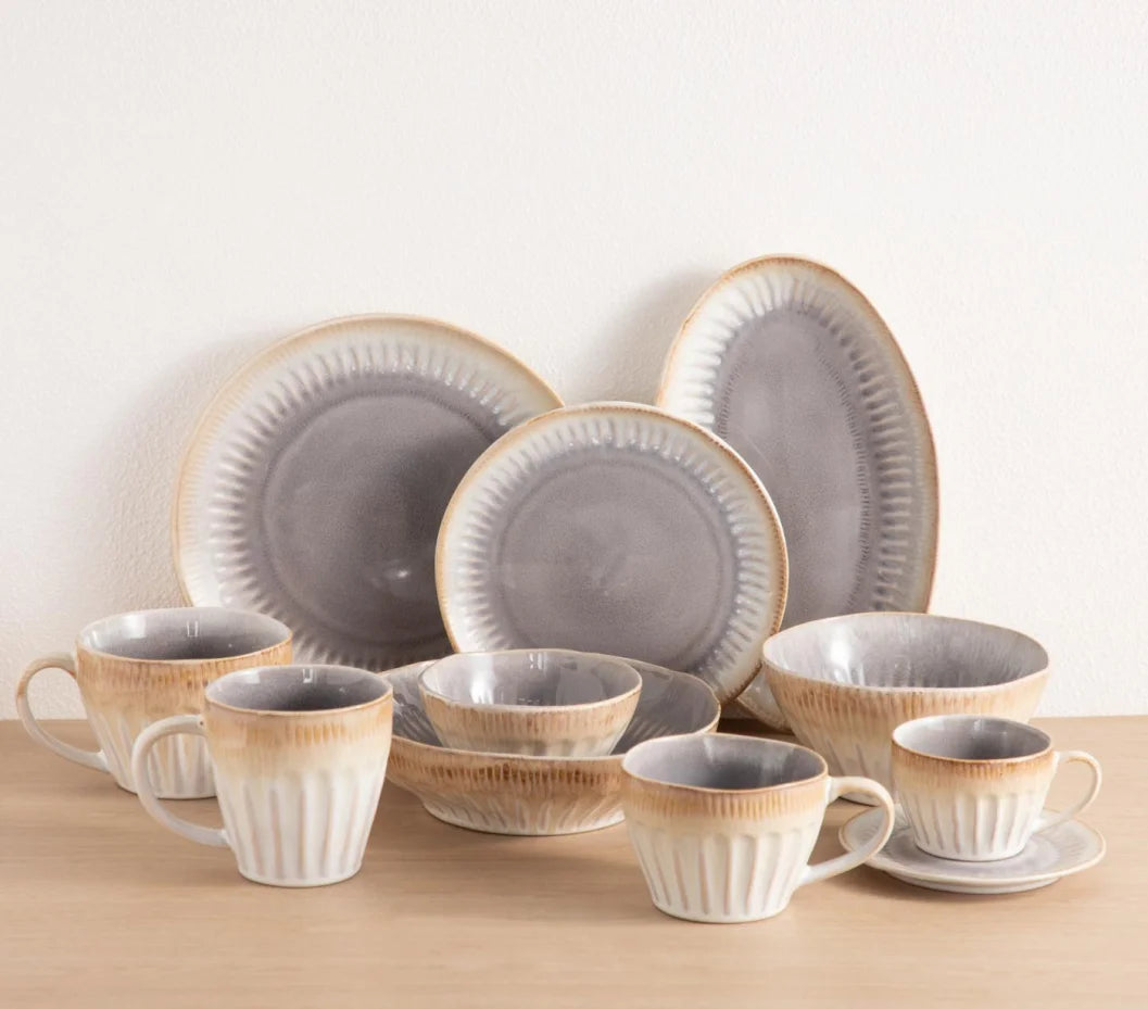 Customizable Vintage Grey Beige Gradient Ceramic Dinner Set, Embossed Stoneware Tableware, Bulk Wholesale Modern Kitchen Gift