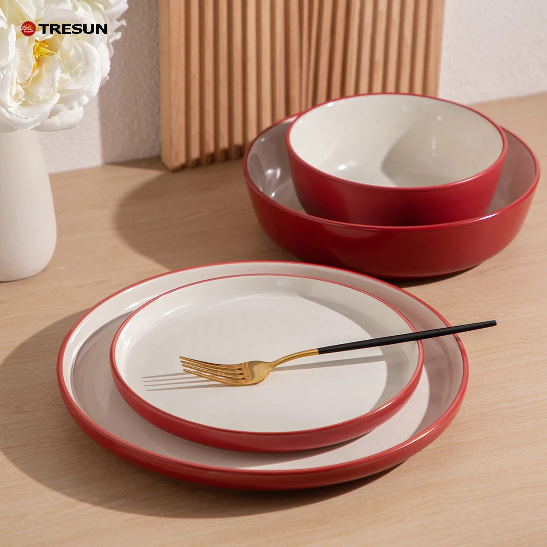 ceramic stoneware tableware two tone color hotel restaurant c grade china factory red and white double bowls and plates set