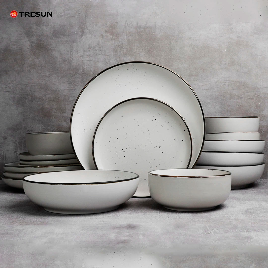 Top Grade 16pcs Ceramic Dinner Sets Solid Color Tableware Sets Royal Stoneware Dinner Sets with Gold Rim