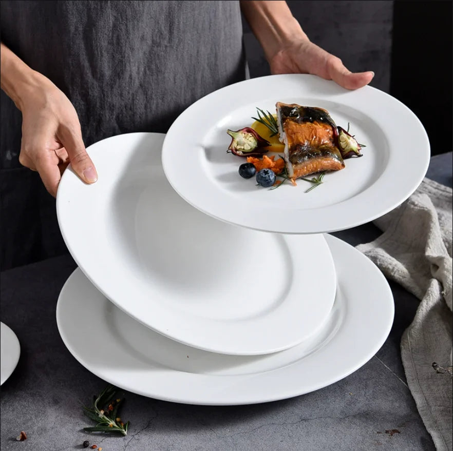 Customizable 5-12 Inch White Ceramic Flat Plates Pure White Porcelain Eco-Friendly Modern Logo Service Restaurant Dinner Plates