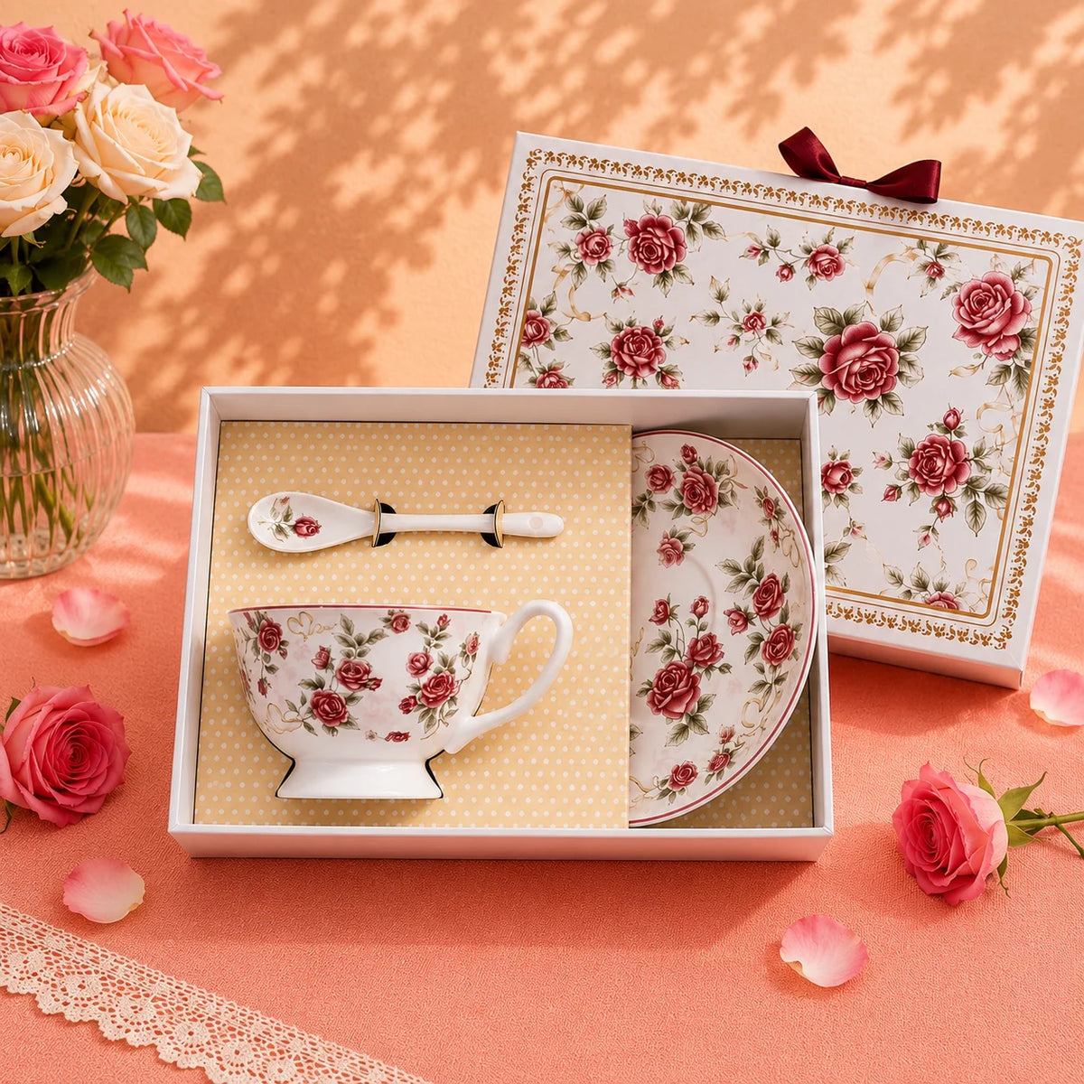 Pink Ceramic Cup With Plate Set Rose Design Coffee Mug Ceramic Cup for Office Use Business Gift