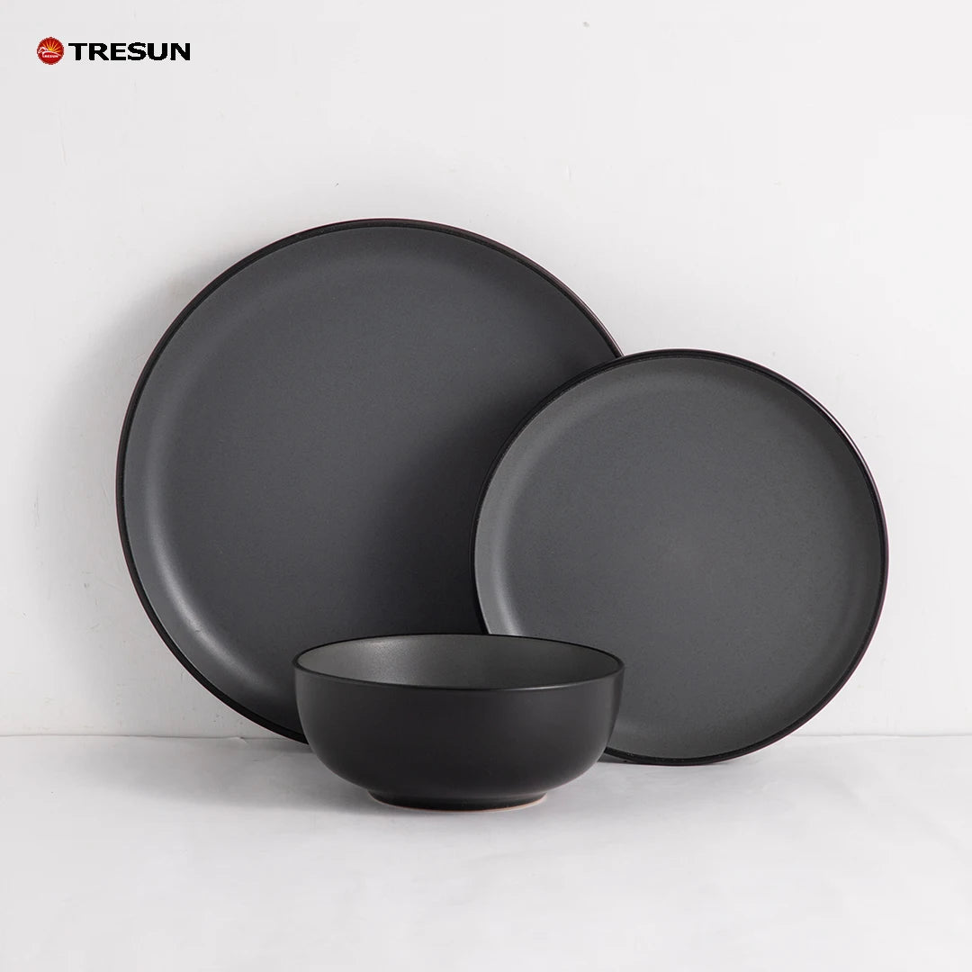 hot sale Luxury 12 pcs Green Blue Reactive Glaze Plates Dinner Set Crokery Ceramic Stoneware Dinnerware Sets for Hotel