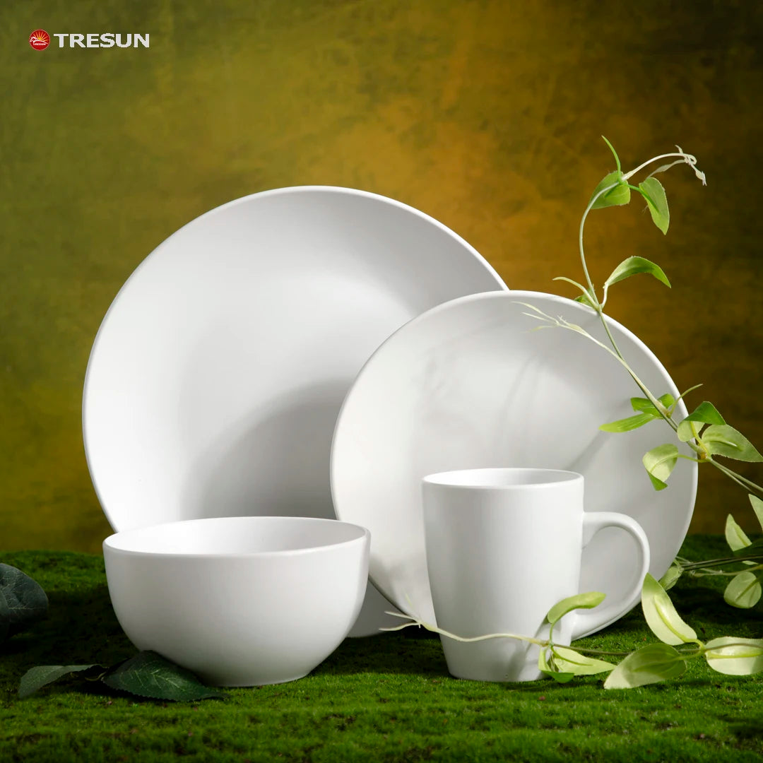 16 Piece White Classic Luxury Pattern Hotel Used Round Matte Stoneware Dishwasher & Microwave Safe Dinnerware Set