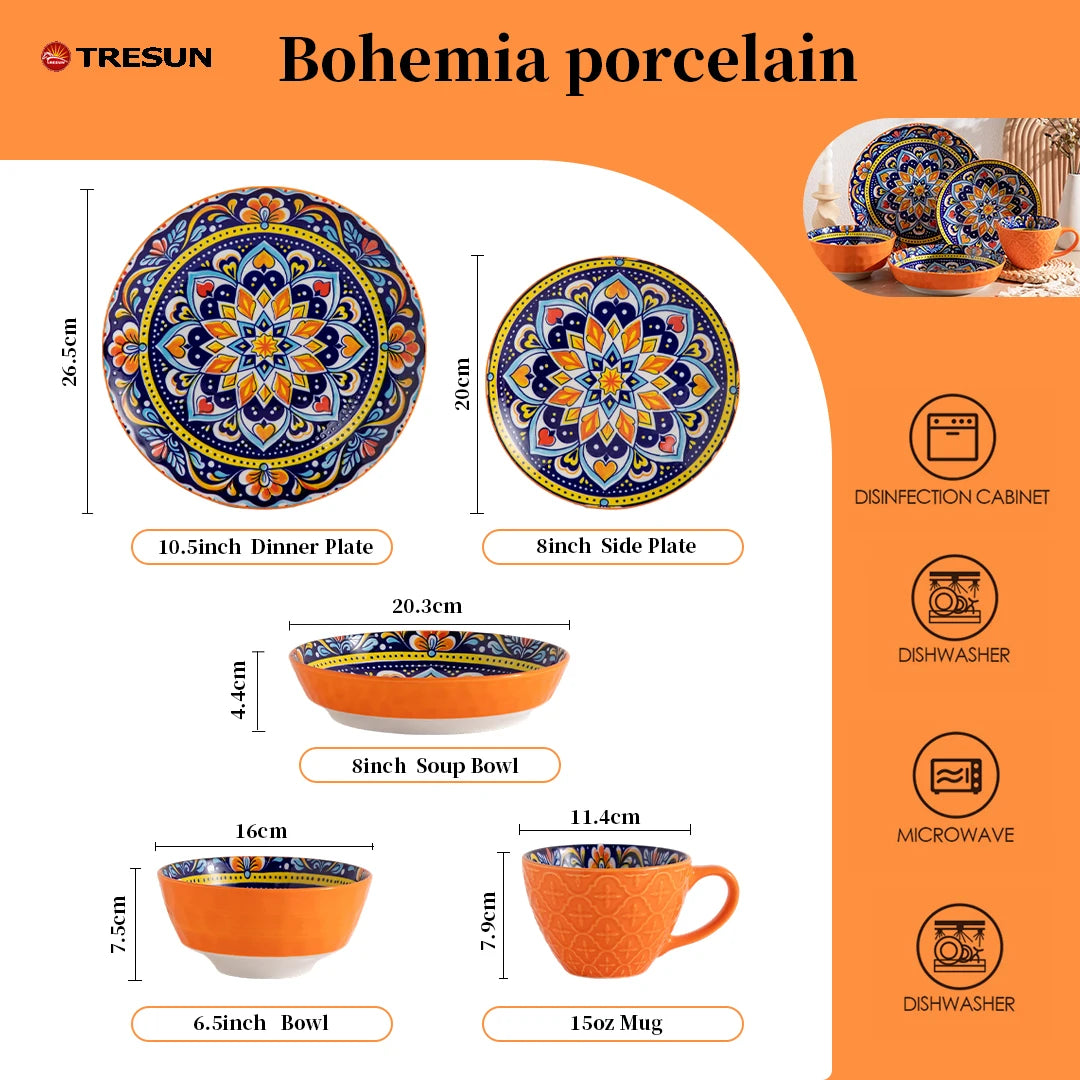 TRESUN Bohemian Ceramic Dinnerware Set Orange Color Porcelain Tableware Set for Restaurant & Home