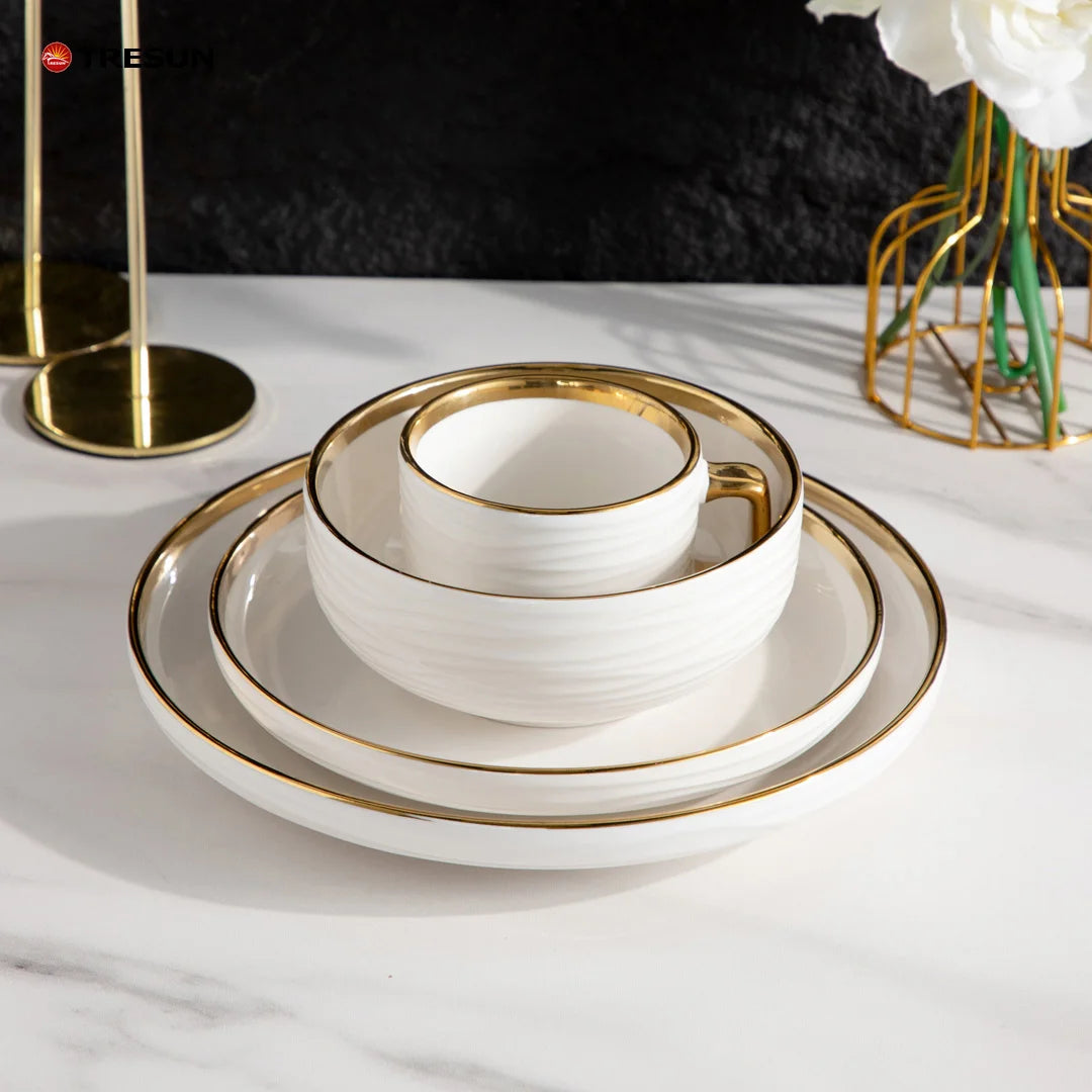 Modern Nordic Gold Trim Wavy Texture White Ceramic Dinner Set 4 Pieces Porcelain Dinner Plate Soup Bowl Coffee Mug For Wedding