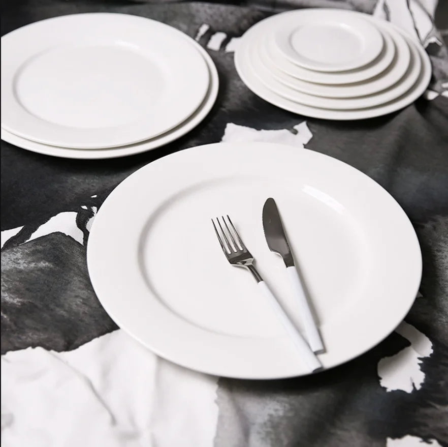 Customizable 5-12 Inch White Ceramic Flat Plates Pure White Porcelain Eco-Friendly Modern Logo Service Restaurant Dinner Plates