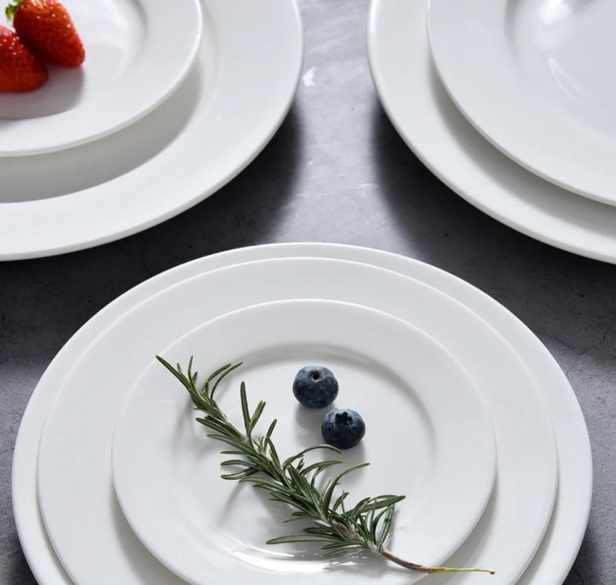 Customizable 5-12 Inch White Ceramic Flat Plates Pure White Porcelain Eco-Friendly Modern Logo Service Restaurant Dinner Plates