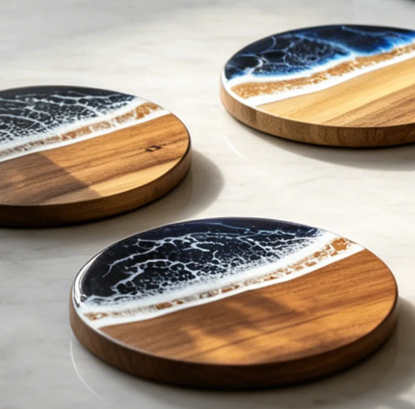 Ocean Wave Resin Acacia Wood Coasters Commercial Round Heat Resistant Cup Mats for Restaurant Hotel Wedding Banquet Wholesale