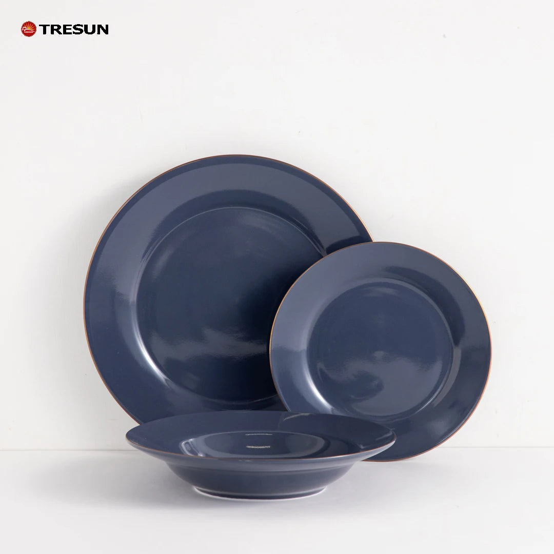 Wholesale TRESUN Classic Gold Rim Blue Glazed Porcelain Dinnerware Set 12-Piece Wedding Microwave & Dishwasher Safe Cheap Price