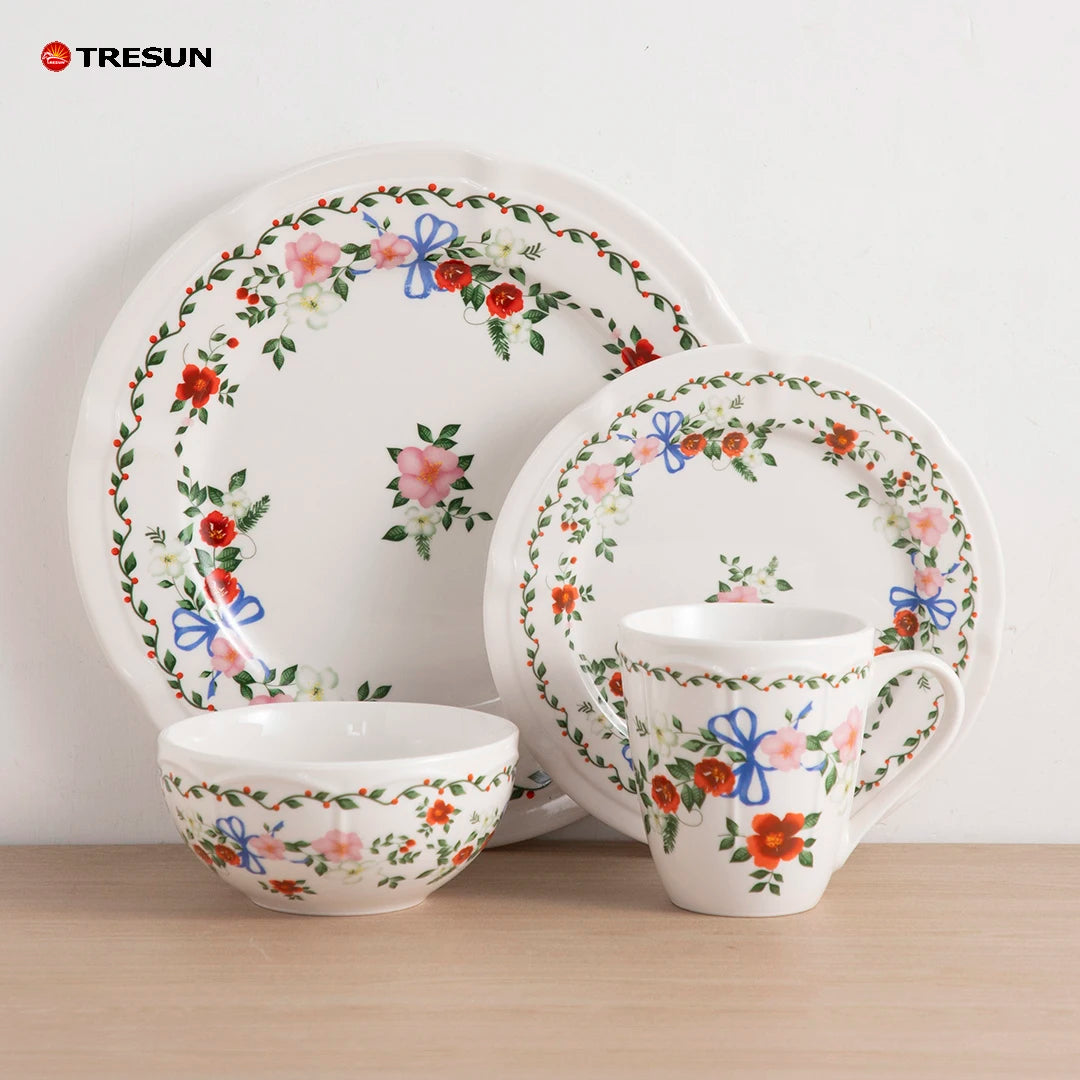 Vaisselle Vajillas De Porcelain Ceramic 16 Pieces Porcelain Decal Embossed Floral Design Luxury Wedding Tableware Dinnerware Set
