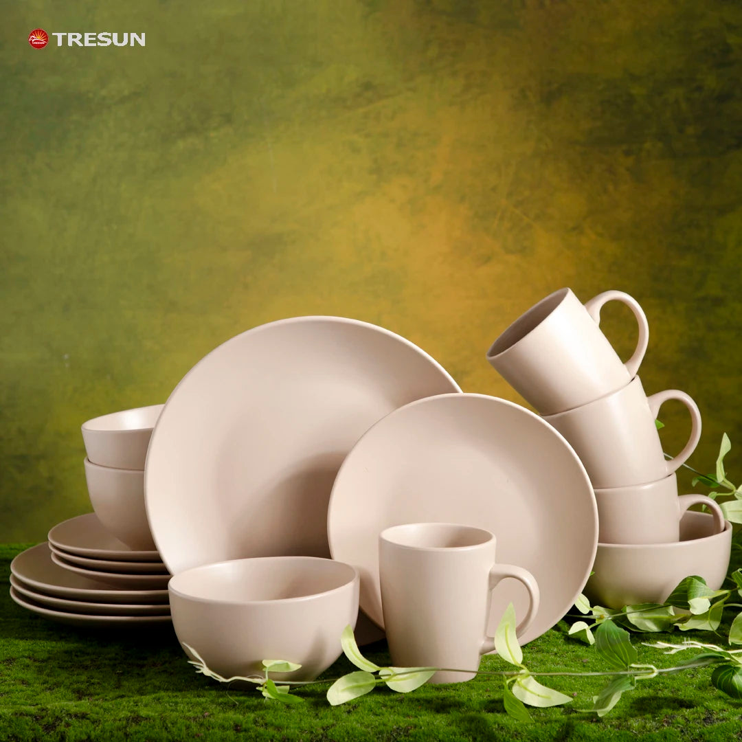 16 Piece White Classic Luxury Pattern Hotel Used Round Matte Stoneware Dishwasher & Microwave Safe Dinnerware Set