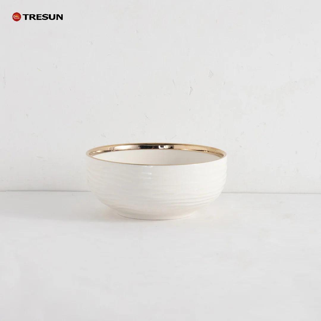 Modern Nordic Gold Trim Wavy Texture White Ceramic Dinner Set 4 Pieces Porcelain Dinner Plate Soup Bowl Coffee Mug For Wedding