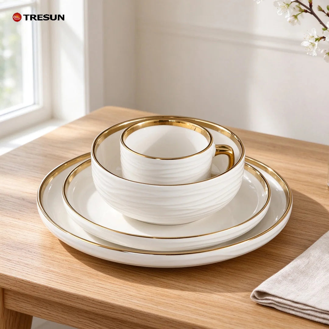 Modern Nordic Gold Trim Wavy Texture White Ceramic Dinner Set 4 Pieces Porcelain Dinner Plate Soup Bowl Coffee Mug For Wedding