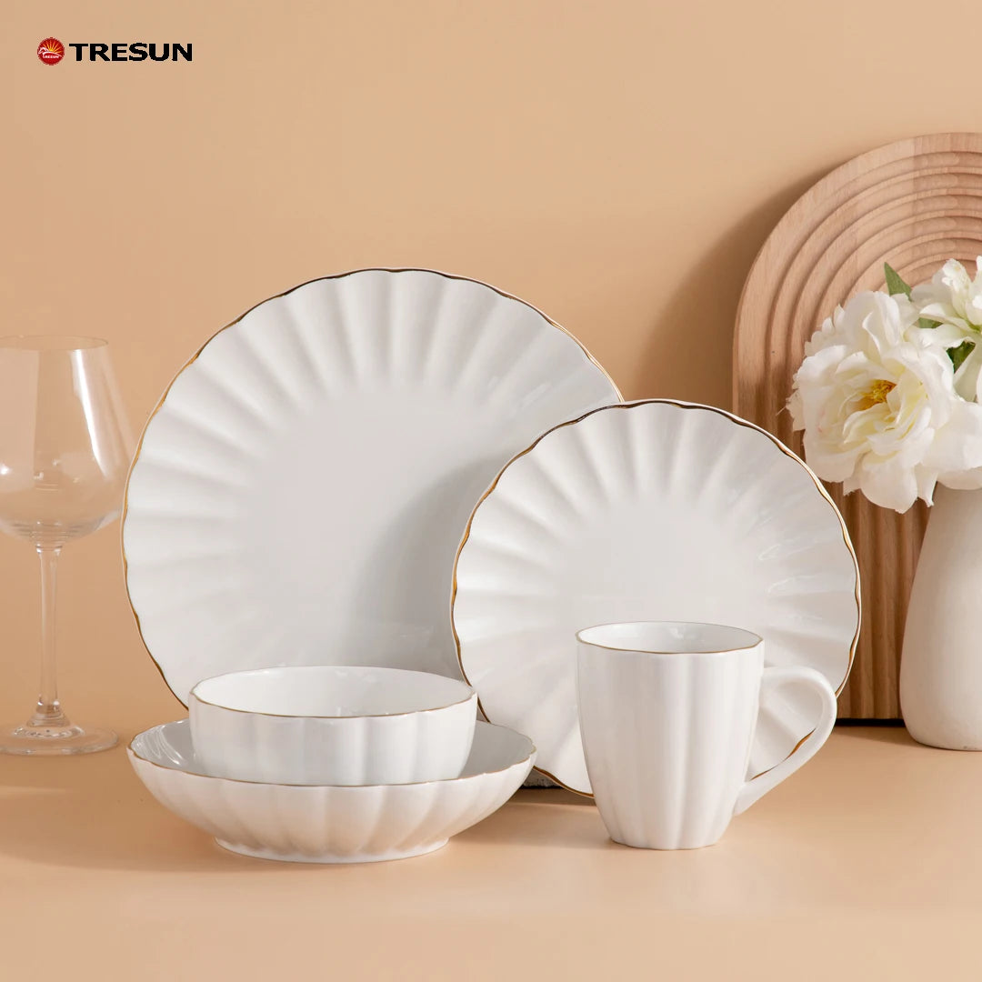 TRESUN Chinaware Golden Rim Trim Luxury 20-piece Classic Hotel Restaurant Sample Free Embossed Porcelain Dinnerware Set