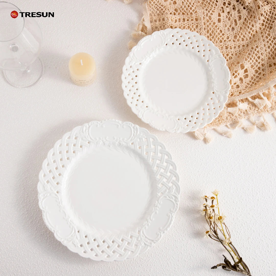 French Retro White Porcelain Hollow Lace Plates Embossed Ceramic Dessert Salad Plates for Home Afternoon Tea Decor