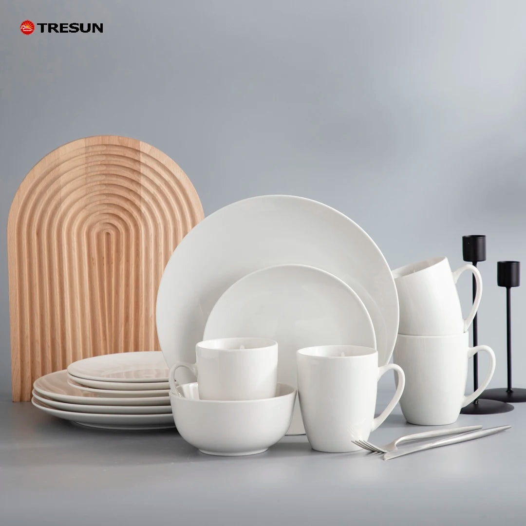European Modern High Value 16 Piece Pure White Bone China Tableware Set Plates Bowls Dishes-Light Luxury for Simple Home