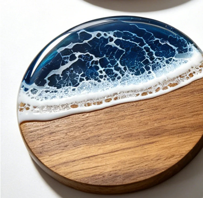 Ocean Wave Resin Acacia Wood Coasters Commercial Round Heat Resistant Cup Mats for Restaurant Hotel Wedding Banquet Wholesale