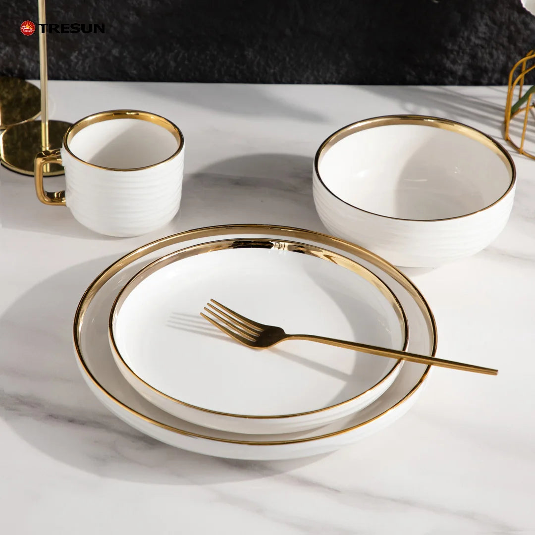 Modern Nordic Gold Trim Wavy Texture White Ceramic Dinner Set 4 Pieces Porcelain Dinner Plate Soup Bowl Coffee Mug For Wedding