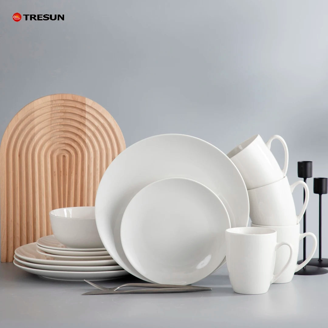 Stock 16pcs Porcelain Dinnerware Set Classic Style Wedding Use Sustainable Dishwasher Safe Microwave Safe Cup Kit White Body