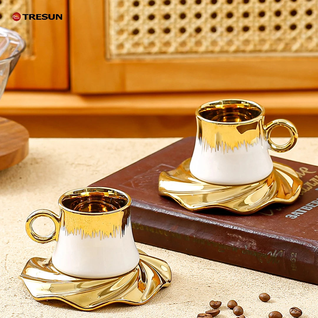 Modern Luxury Gold-Edged Turkish Coffee Cup Saucer Set Wave-Shaped Gold Plated Porcelain Mug 250ml Capacity Eco-Friendly