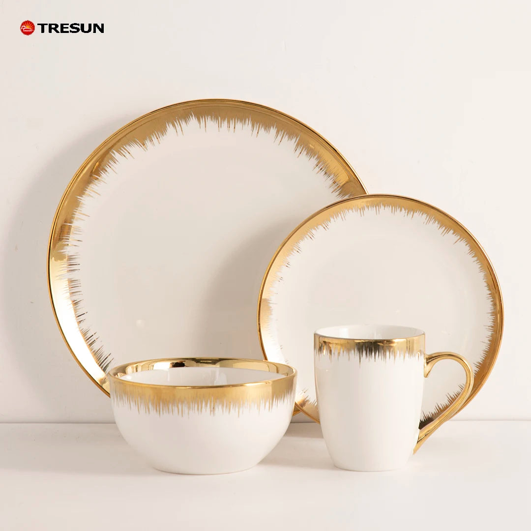 Customized Logo Pattern Gold Rim White Ceramic Dinnerware Set European Luxury Royals Dinner Plates Set