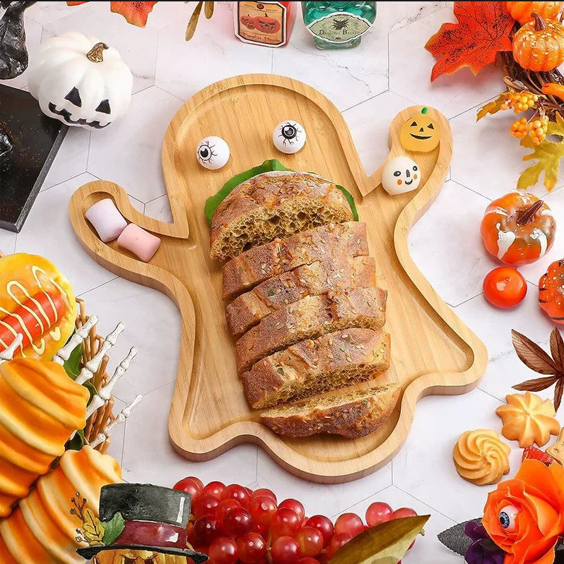 Wholesale Cute Ghost Shaped Bamboo Serving Tray, 36x32cm Natural Wood Halloween Snack Platter for Party Home, Holiday Gift