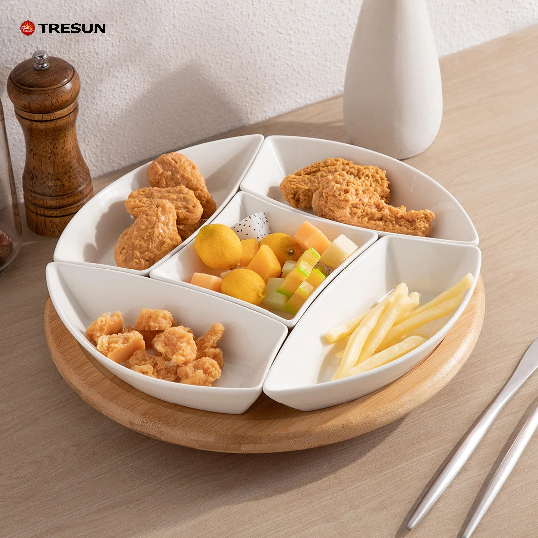 Wholesale 5 Pcs Divided Ceramic Snack Dishes Plates Set With Rotating Bamboo Serving Tray for Home Restaurant Party Wedding Use