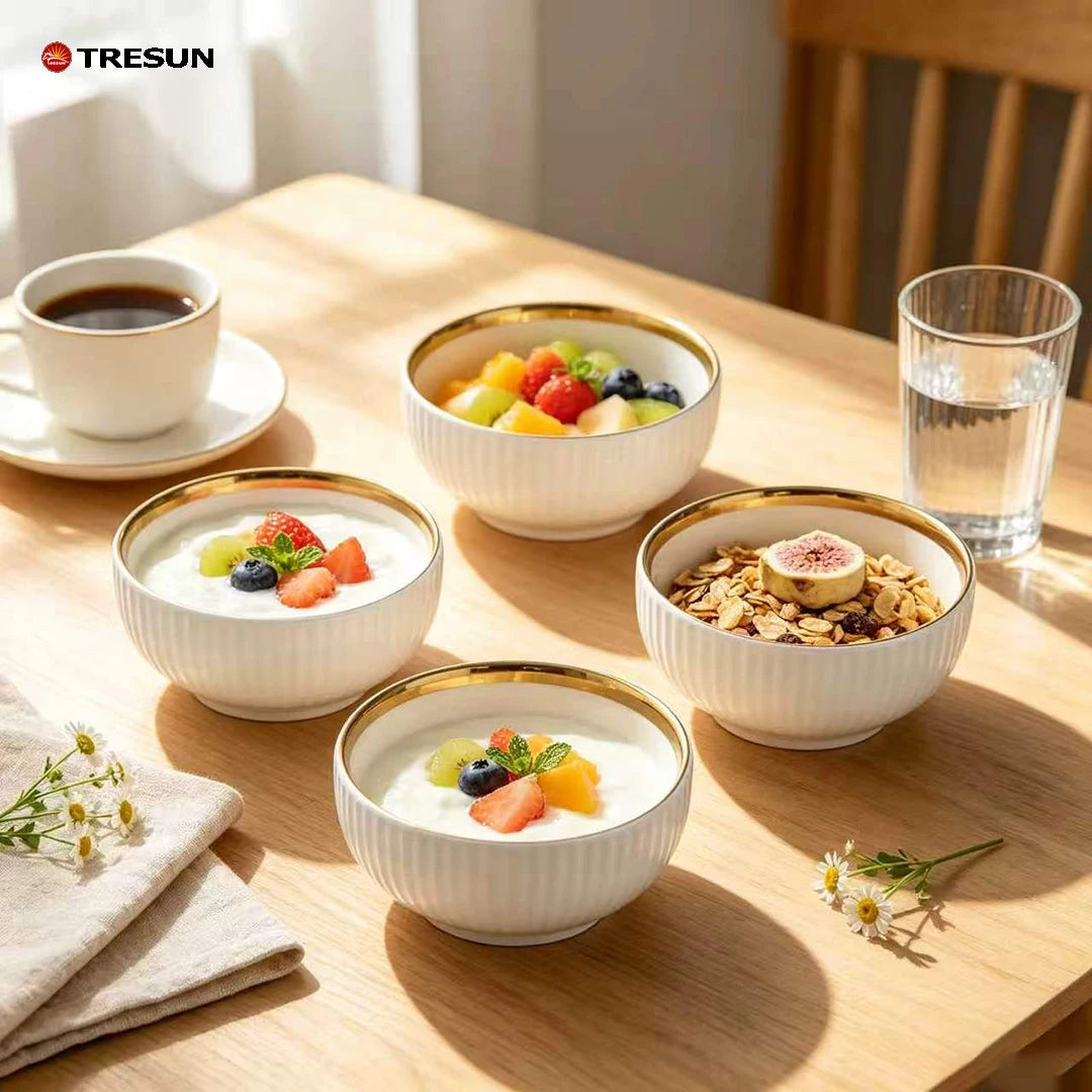 Wholesale Price Luxury White Golden Home Kitchen Food Restaurant Serving Rice Cereal Porcelain Ceramic Bowl