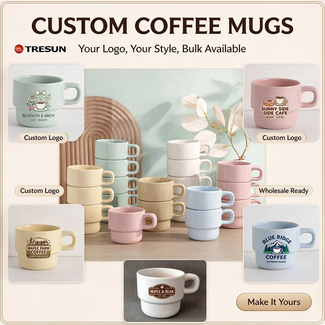 Tea Cup for Home Gift Custom Logo Wholesale Stackable Macaron Color Ceramic Coffee Mug Solid Glaze Porcelain Cup