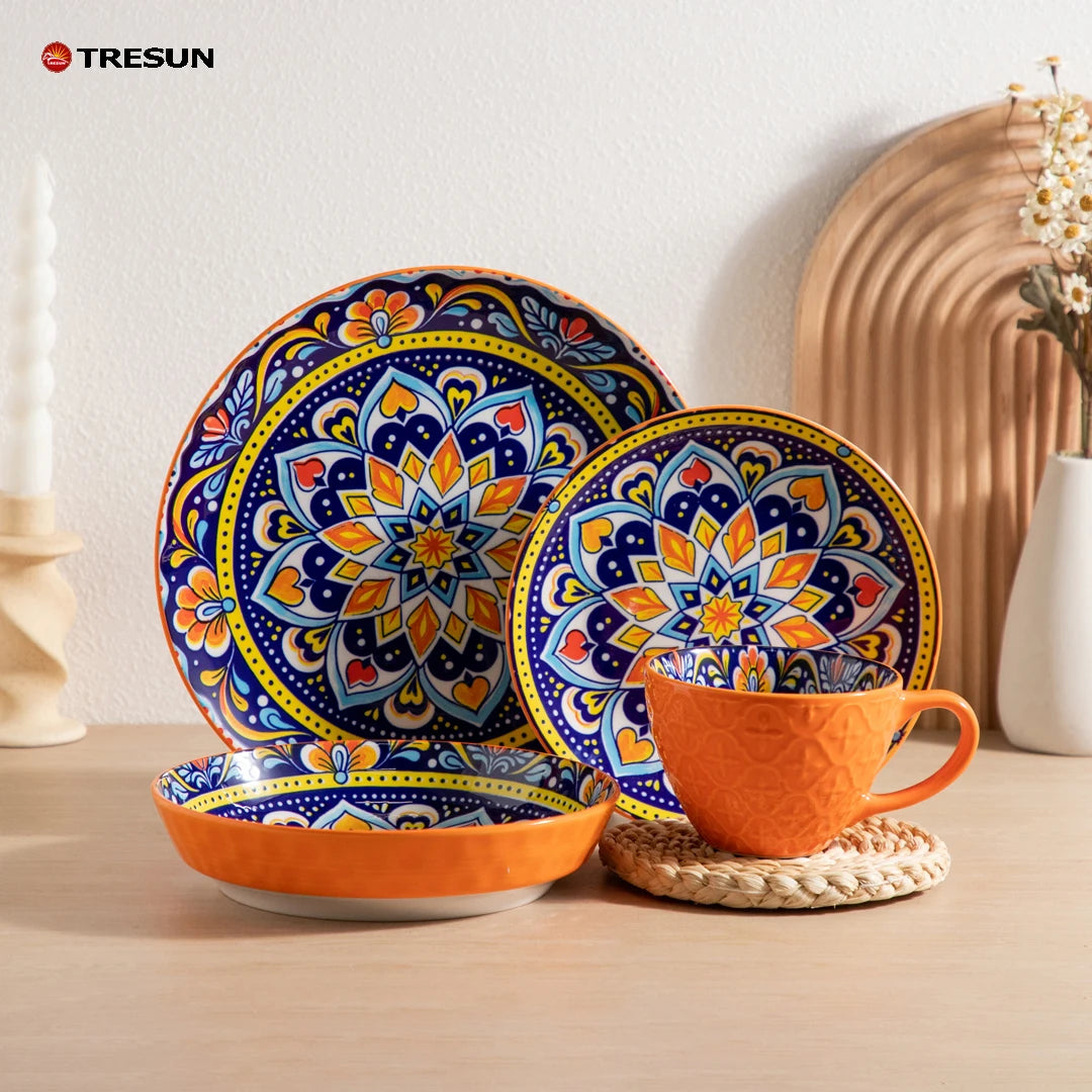 TRESUN Bohemian Ceramic Dinnerware Set Orange Color Porcelain Tableware Set for Restaurant & Home