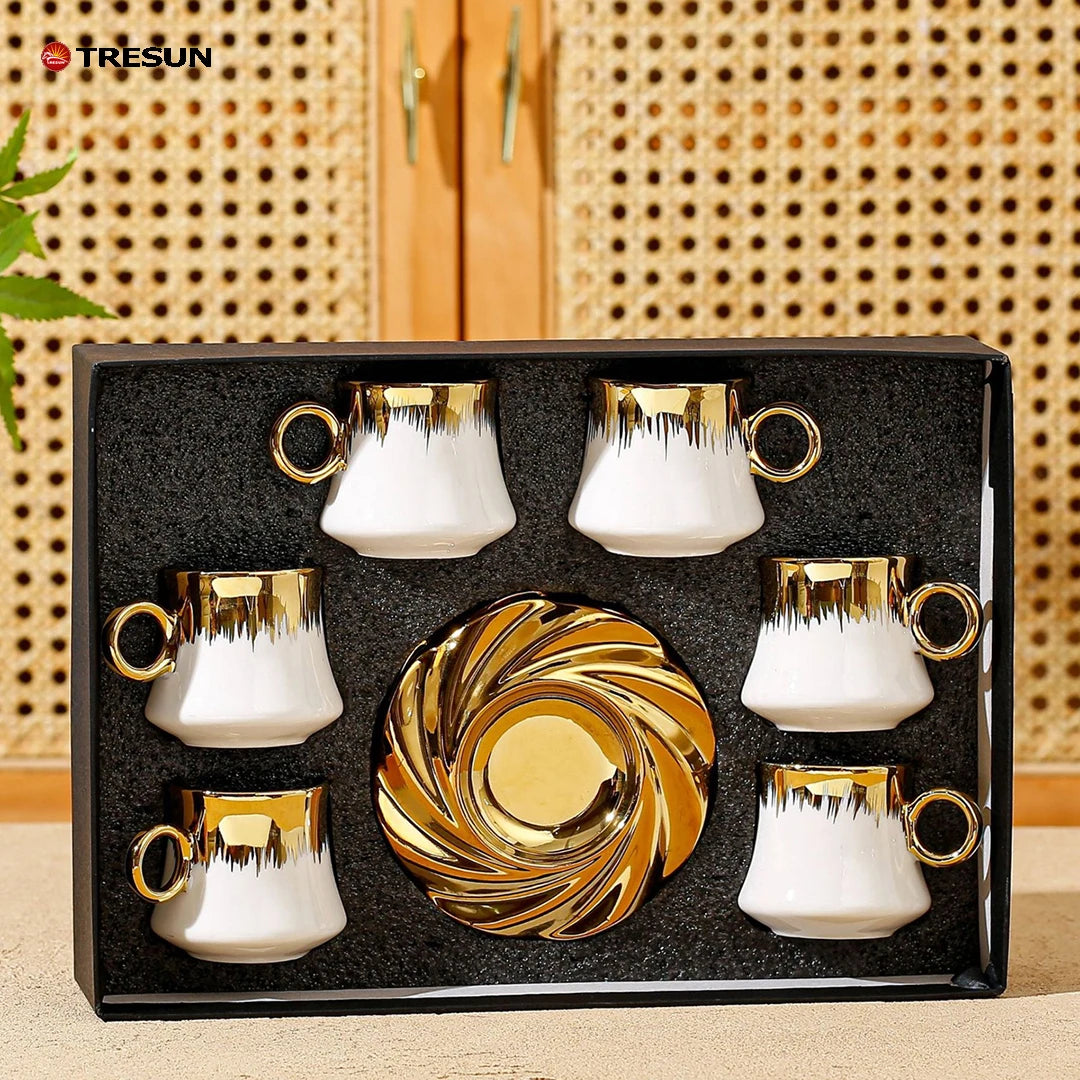 Luxury Gold Plated 250ml Porcelain Coffee Cup with Saucer Small Tea Mug Set of 6 Microwave Safe Dishwasher Safe Eco-Friendly