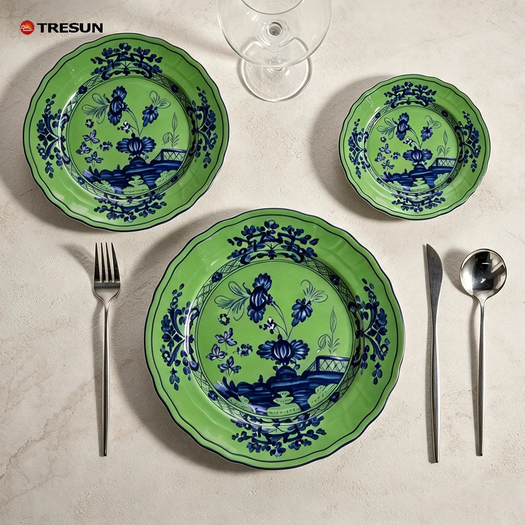 Pink Flower Wedding Dinnerware Set Wholesale Ceramic Charger Plate Collection Rental Porcelain Gold Rim Plate Dish