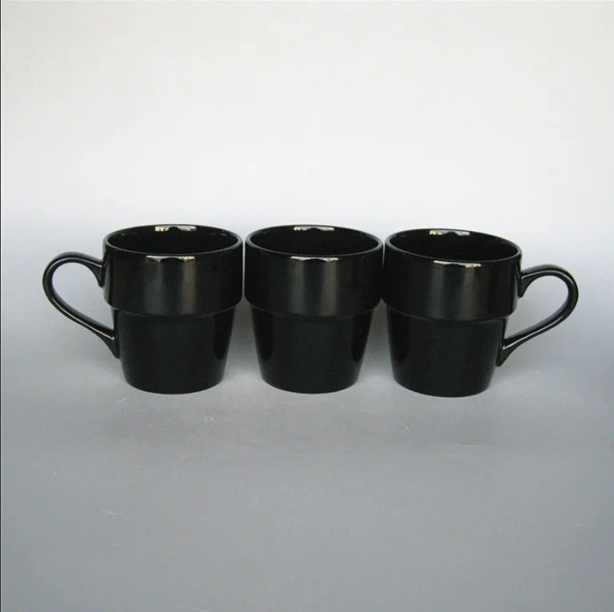 Black Glazed Stackable Ceramic Mug, Simple Tiered Coffee Milk Cup Custom Logo Print Wholesale for Supermarket Promotional Gifts