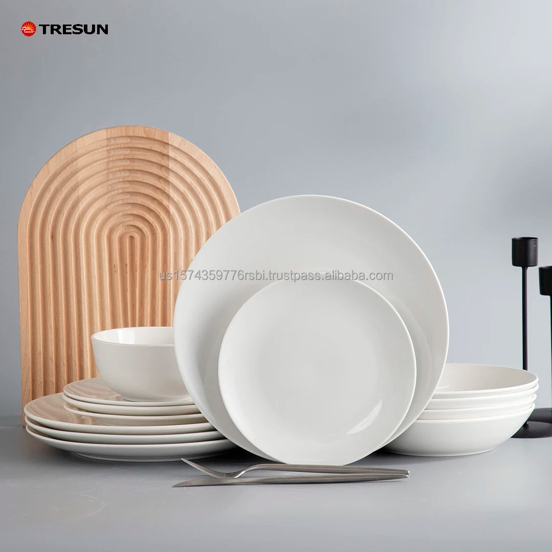 16-Piece Factory Wholesale Ceramic Euro Dinnerware Set Classic White Plate & Bowl Cup Kit Dishwasher Safe Scratch Fade Resistant